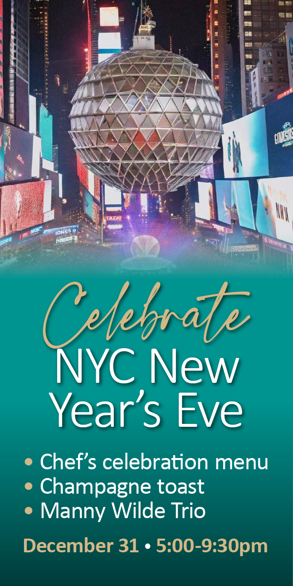 A New Year’s Eve event flyer with Times Square Ball and event details on a teal background.