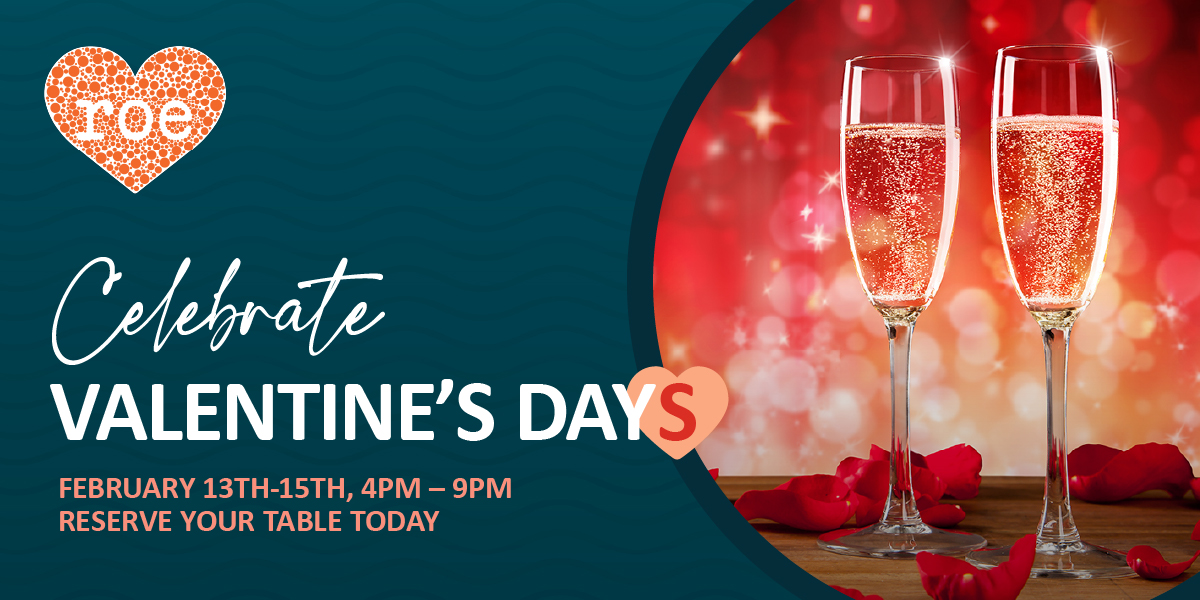 Two glasses of sparkling wine with rose petals next to text promoting Valentines Day celebration at roe.