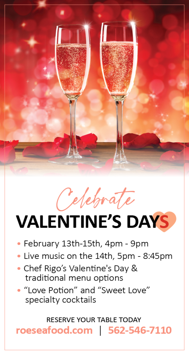 Two champagne glasses with red drinks, rose petals, and Valentines Day dinner event details on a festive background.