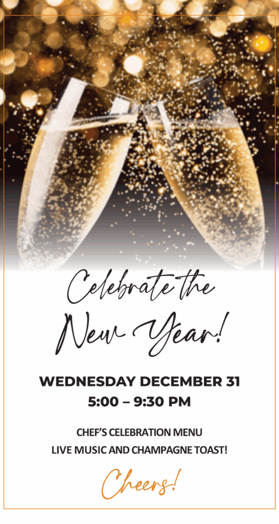 Two champagne glasses clink together with golden bubbles, inviting to a New Years celebration event.