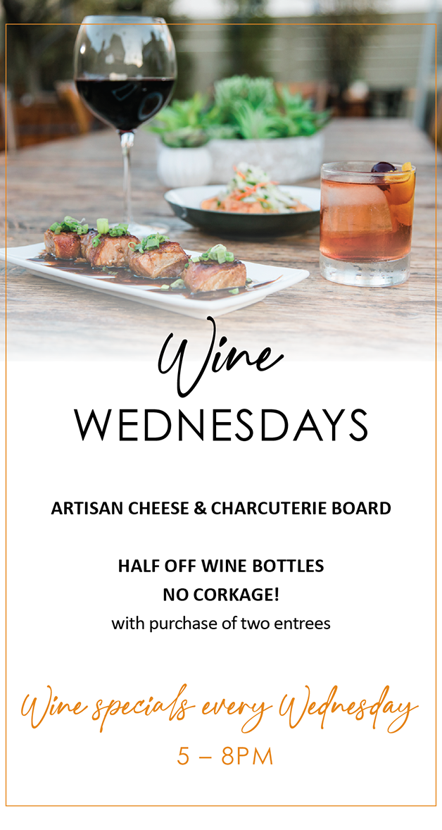 Glass of wine, cocktail, cheese, and charcuterie board on a table; Wine Wednesdays event details displayed.