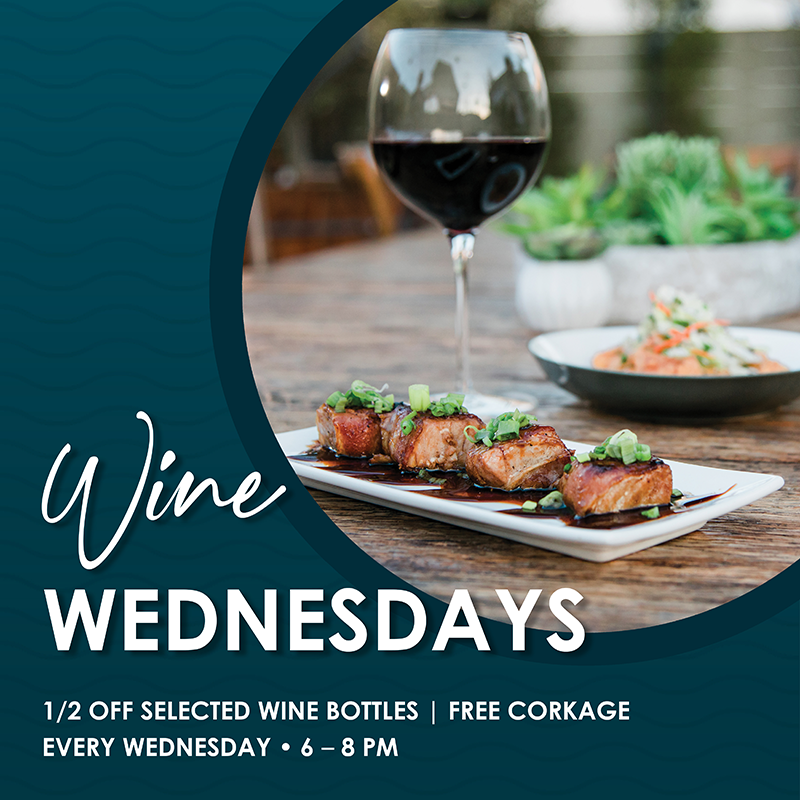 A glass of red wine and a plate of appetizers on a table, promoting Wine Wednesdays with special offers.