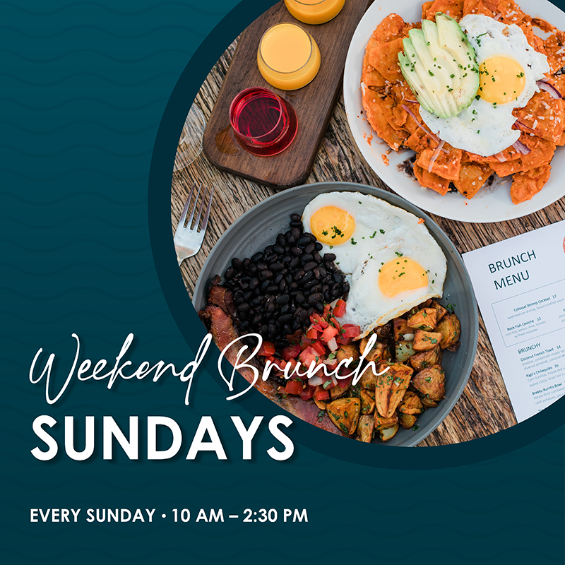Two plates of brunch food with eggs, potatoes, avocado, and sauces. Text: Weekend Brunch Sundays, 10AM-2:30PM.