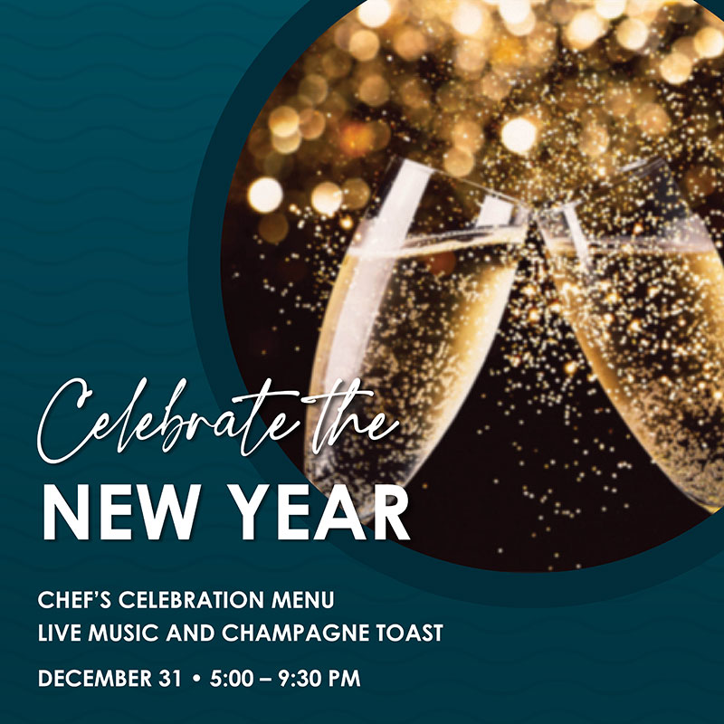 Two champagne glasses clinking amid golden lights, promoting a New Years celebration event on December 31.