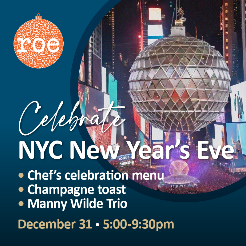 NYC New Year’s Eve event with Times Square ball, dinner menu, champagne toast, and live music on Dec 31.