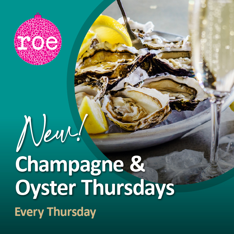 Plate of oysters with lemon wedges and a glass of champagne; text promotes Champagne & Oyster Thursdays.