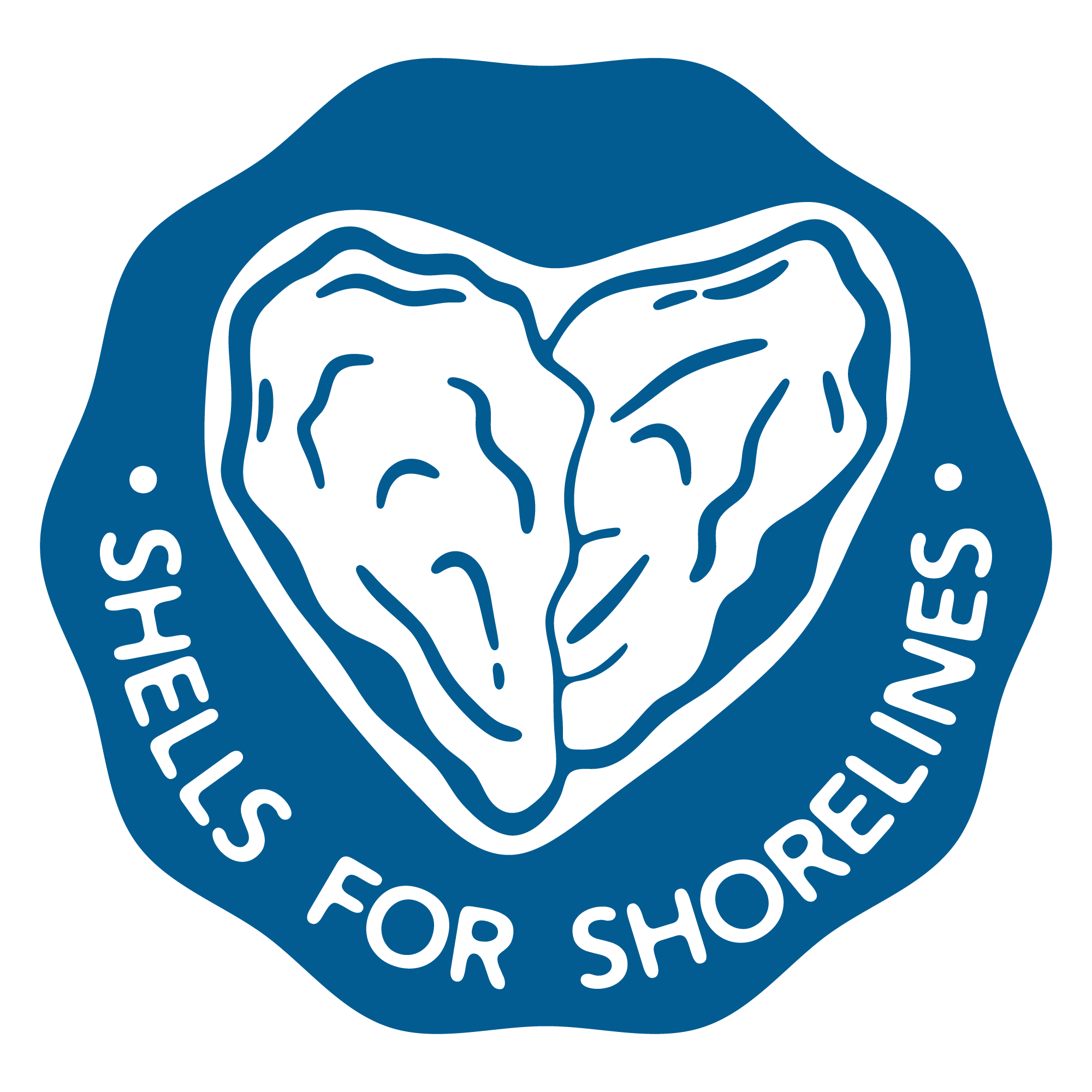 Blue badge with two oyster shells forming a heart, and the text Shells for Shorelines around them.