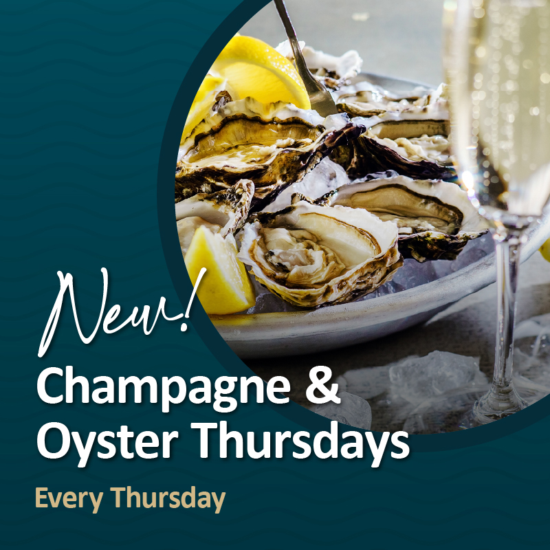 Plate of oysters with lemon wedges and a glass of champagne, promoting Champagne & Oyster Thursdays.