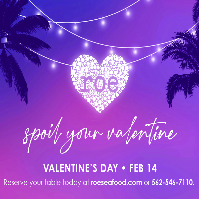 Valentine’s Day dinner promo with heart-shaped lights, palm trees, and “spoil your valentine” text on purple background.